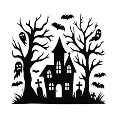 Spooky Halloween House Silhouette with Bats and Ghosts