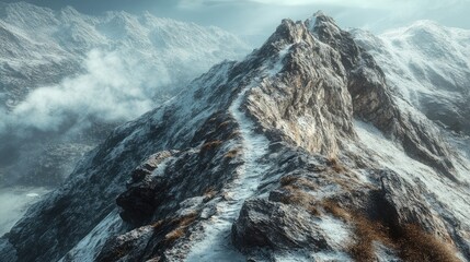 Snow-covered mountain ridge path ascends to a peak.