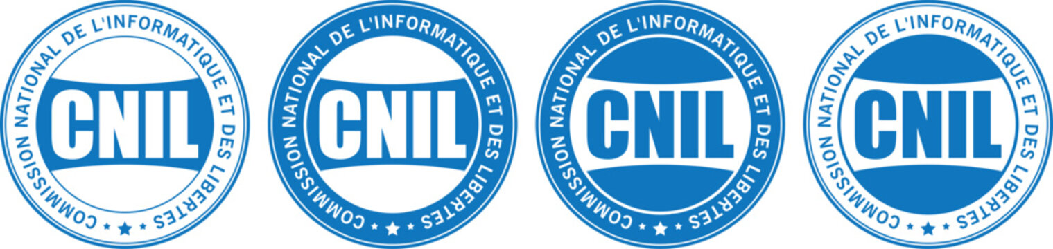 blue round commission national de l'informatique ed des libertes cnil stamp icons with text and border in flat vector style for graphic design use	