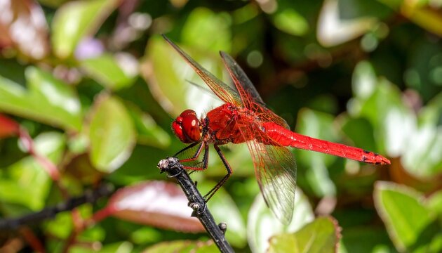 red dragonfly on leaf - Powered by Adobe