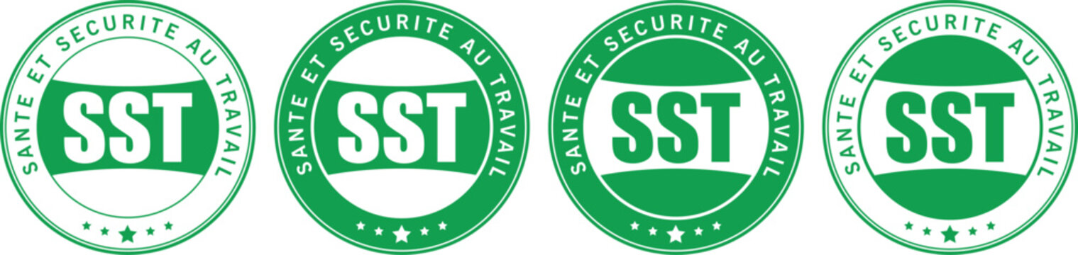 green sst sante et securite au travail round stamp icons in vector style with bold text	