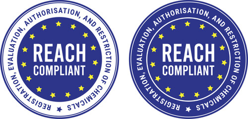 blue registraion, evaluation, authorisation and restriction of chemicals reach compliant badges with stars and circular text used for regulatory chemical safety certification	