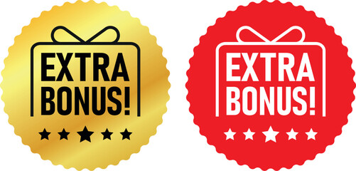 Gold and red extra bonus badges with stars and gift icon used for promotions, rewards, and offers	