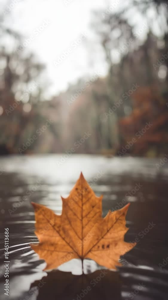 Aufkleber lone maple leaf floating on rippling water surface in a serene autumn forest setting, creating a pea