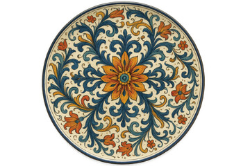 Ceramic plate showcasing intricate italian design, reflecting traditional craftsmanship against transparent backdrop