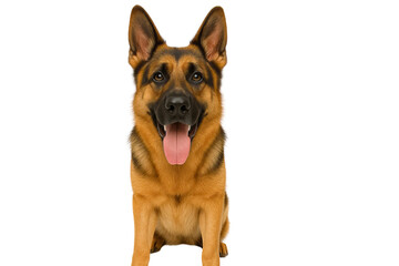 A cheerful german shepherd dog sits with its tongue out showcasing a playful demeanor in a bright environment