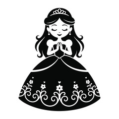 Fototapeta premium Black and White Princess Illustration Praying Hands Floral Gown Crown girl woman