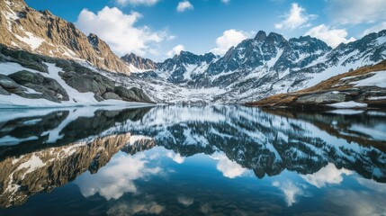 Fototapeta premium Serene mountain lake reflecting a dramatic sky.