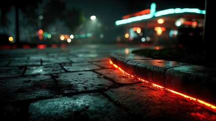 Rainy Cyberpunk City Street at Night with Red Neon Lights