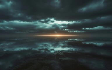 Fototapeta premium Dark moody cloudscape over a still, reflective ocean at sunset