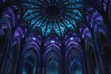 Stunning interior of an ornate gothic structure illuminated by a celestial night sky