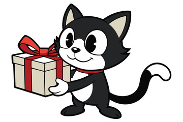 Cartoon black cat presents gift box tied with bright red ribbon and bow