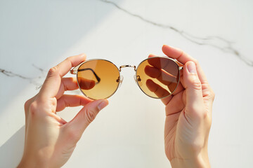 A close-up of hands holding a pair of round, amber-hued sunglasses on a smooth white marble surface.