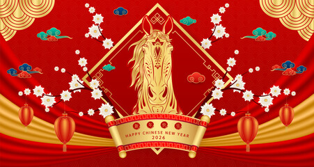 Happy Chinese New Year 2026. Gold horse zodiac on red background. Cloud, curtain, lantern and cherry blossom for festival banner design. Translation Happy new year 2024. Vector.