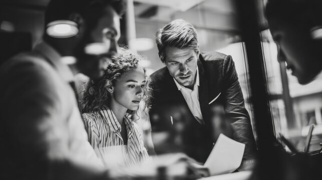 Business Team Discussing Documents in Modern Office with Natural Light Black and White