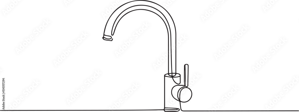 Poster continuous line drawing of a modern kitchen faucet with curved spout and side handle