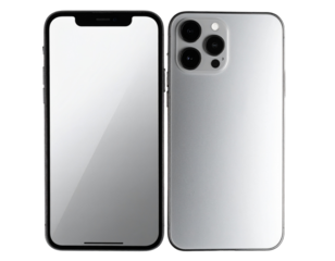 Front and Back View of Two Smartphones in Matte Black and Silver Finish, Isolated on Transparent Background