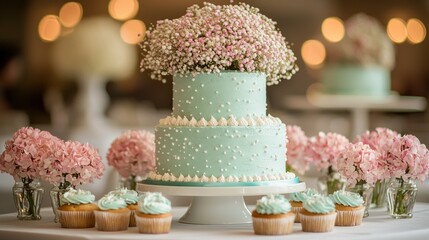 Pastel-toned tiered cake with small flower arrangement and cupcakes