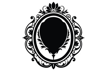 Ornate Black Floral Frame Border with Empty Oval Center for Art, Photos, Decor