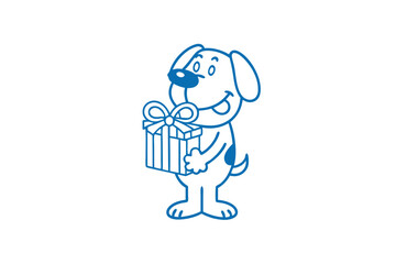 Blue line art depicts cartoon dog holding a present, isolated against white