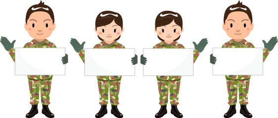 自衛隊　プラカードを持つ男性と女性自衛官のイラスト