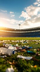 Littered Stadium Field at Sunset Environmental Pollution.