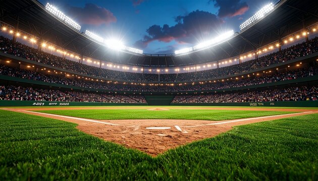 Night Baseball Stadium Game Crowd Lights Illuminated.