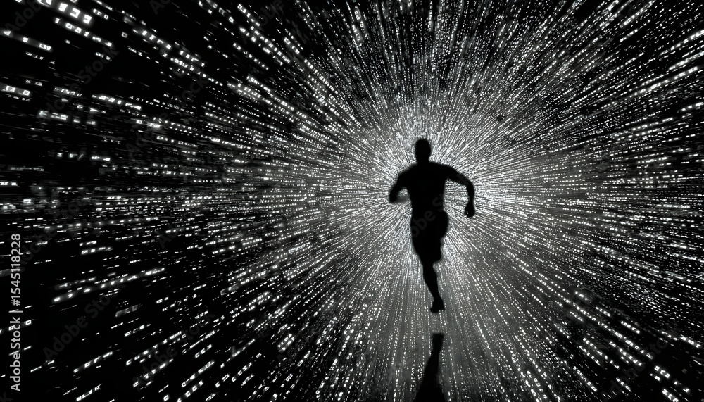 Poster digital runner in a data tunnel. a silhouette of a runner moving through a tunnel made of digital da