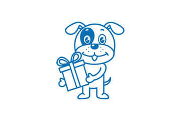 Blue cartoon dog holds a gift box tied with ribbon and celebrates cheerfully