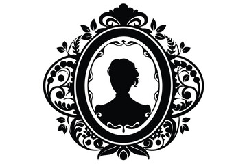 Black Silhouette Portrait of Woman in Oval Frame with Floral Ornaments and Details