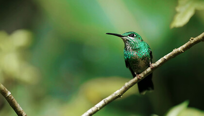 Fototapeta premium Emerald hummingbird perched in a lush green forest