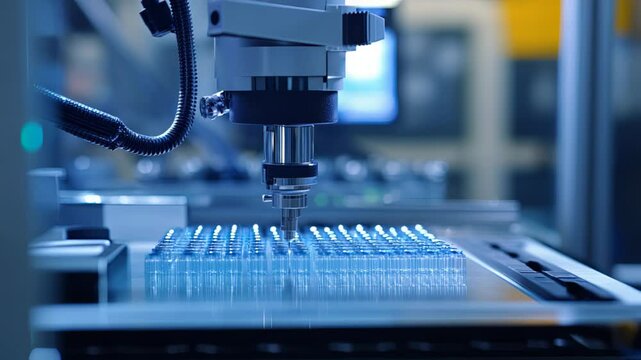 Close-up of automated liquid dispenser dropping fluid into vials under laboratory lighting. Concept of pharmaceutical precision and sterile environment
