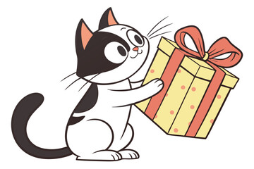 Cartoon cat holds a wrapped present decorated with a red bow and polka dots