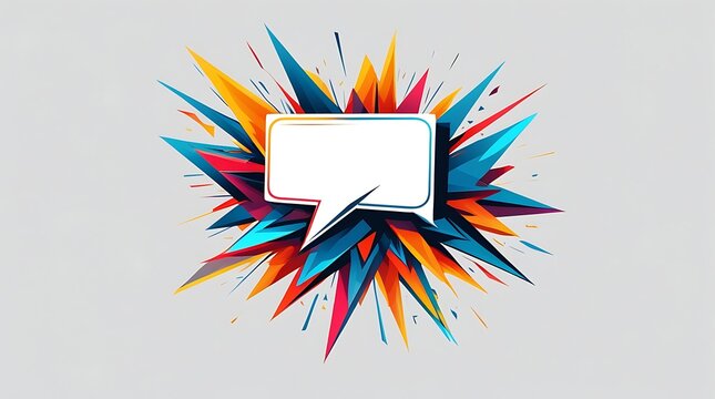 A powerful vector illustration showcases a speech bubble shattering into sharp geometric fragments, featuring a vibrant color palette.