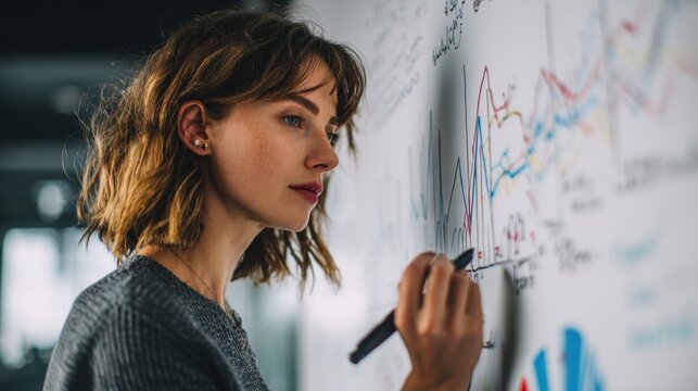 Young Woman Analyzing Data Charts on Whiteboard in Modern Office