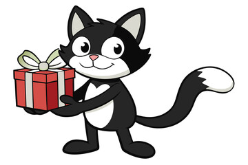Cartoon black cat holding a present with a bow stands cheerfully on white