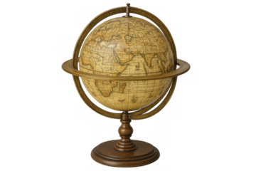 Antique terrestrial globe with transparent background, featuring detailed map and elegant wooden stand