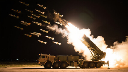 Launching tactical missiles from a mobile missile launcher at night, air defense system