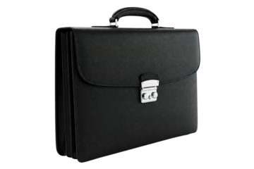 Classic black leather briefcase with a chrome clasp isolated on a transparent background