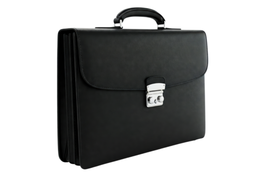 Classic black leather briefcase with a chrome clasp isolated on a transparent background