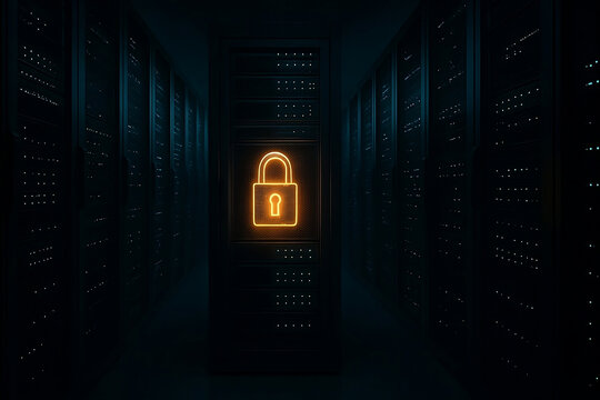 Secure Server Room with Glowing Padlock &mdash; Cybersecurity Concept in High-Tech Ambience