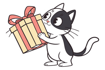 Black and white kitten is holding a yellow present with a pink ribbon joyfully