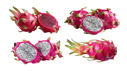 Vibrant dragon fruit png set isolated pitaya with transparent background sliced dragon fruit in nature for graphic design