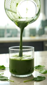 Medium close-up, high angle video of a thick, vibrant emerald green smoothie slowly pouring from an elegant, ribbed glass pitcher into a sleek clear tumbler on a minimalist light tan kitchen counter,