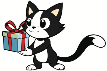 Animated cartoon cat carefully presents a blue wrapped gift with a bright red bow