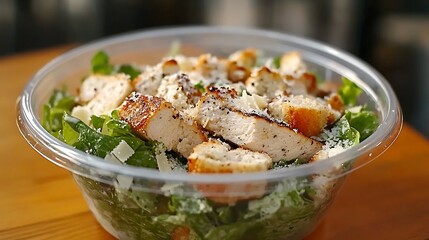 Caesar salad with grilled chicken, croutons, and parmesan, in a clear plastic bowl for takeout menu 