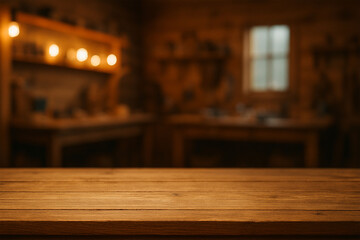 Fototapeta premium Empty wooden table surface in focus with blurred background of a warm, rustic room featuring soft lighting and wooden furniture, ideal for product display or mockup.