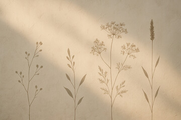 Beige Wall Background with Simple Botanical Silhouettes of Dried Flowers and Grasses in Taupe Tones image
