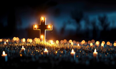 Illuminated cross surrounded by candles