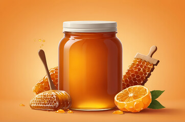 Jar with sweet honey and combs on orange background